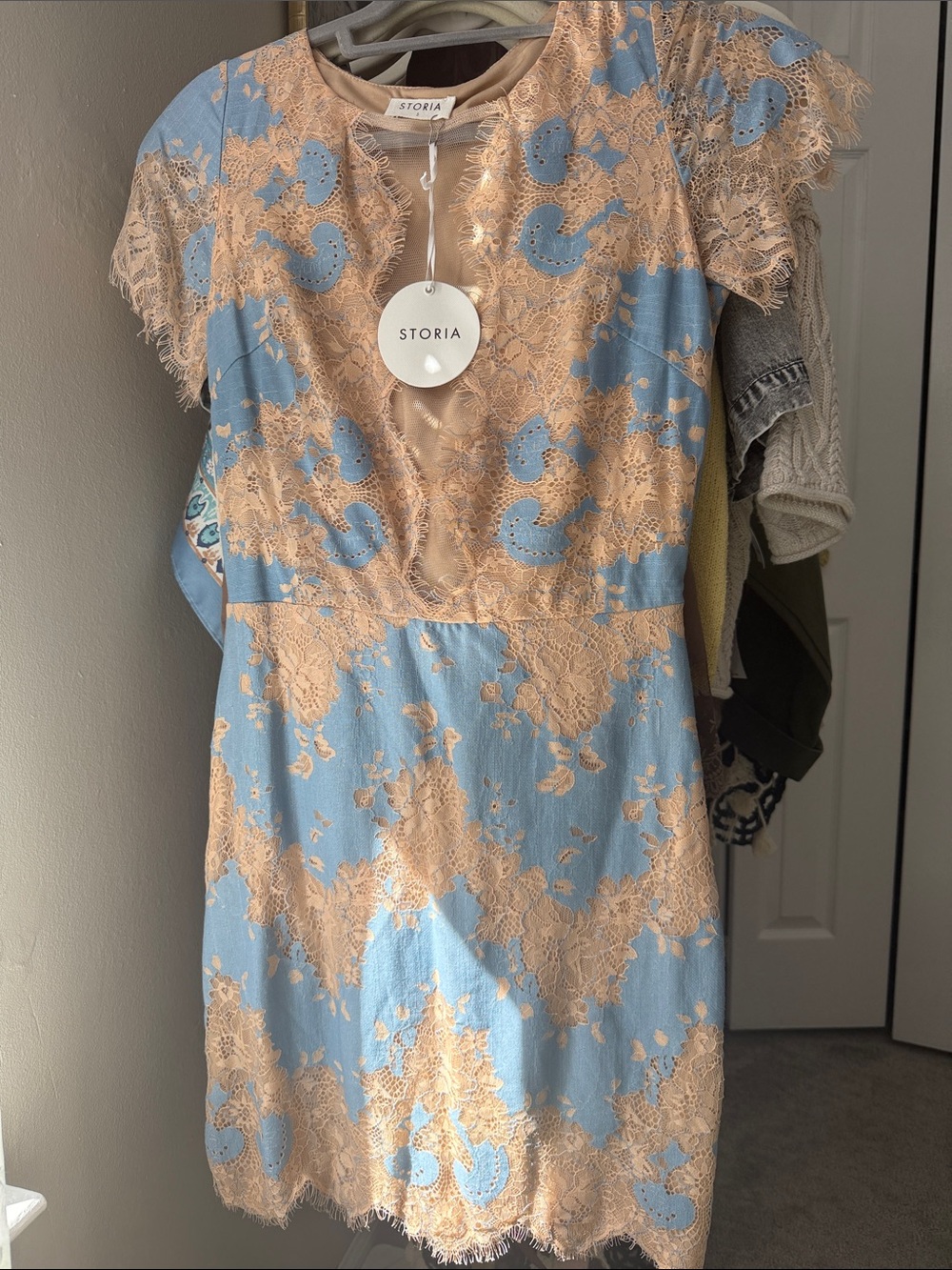 Storia Blue and Beige Lace Overlay Mini Dress